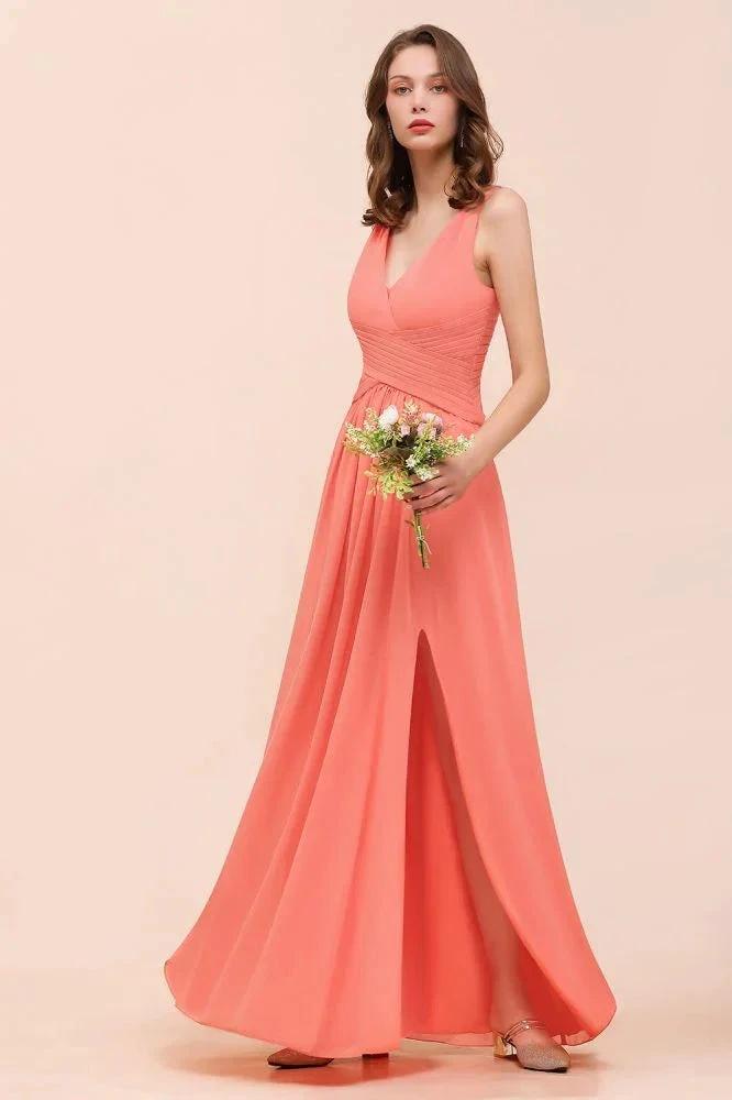 Coral Beach Bridesmaid Dress Front Split Wedding Party Dress by misshow.com