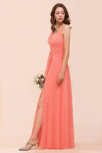 Coral Beach Bridesmaid Dress Front Split Wedding Party Dress by misshow.com