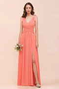 Coral Beach Bridesmaid Dress Front Split Wedding Party Dress by misshow.com