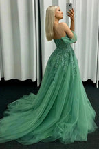 Corbin | Off the Shoulder Mint Green Tulle Lace Prom Dresses with Appliques by KissProm