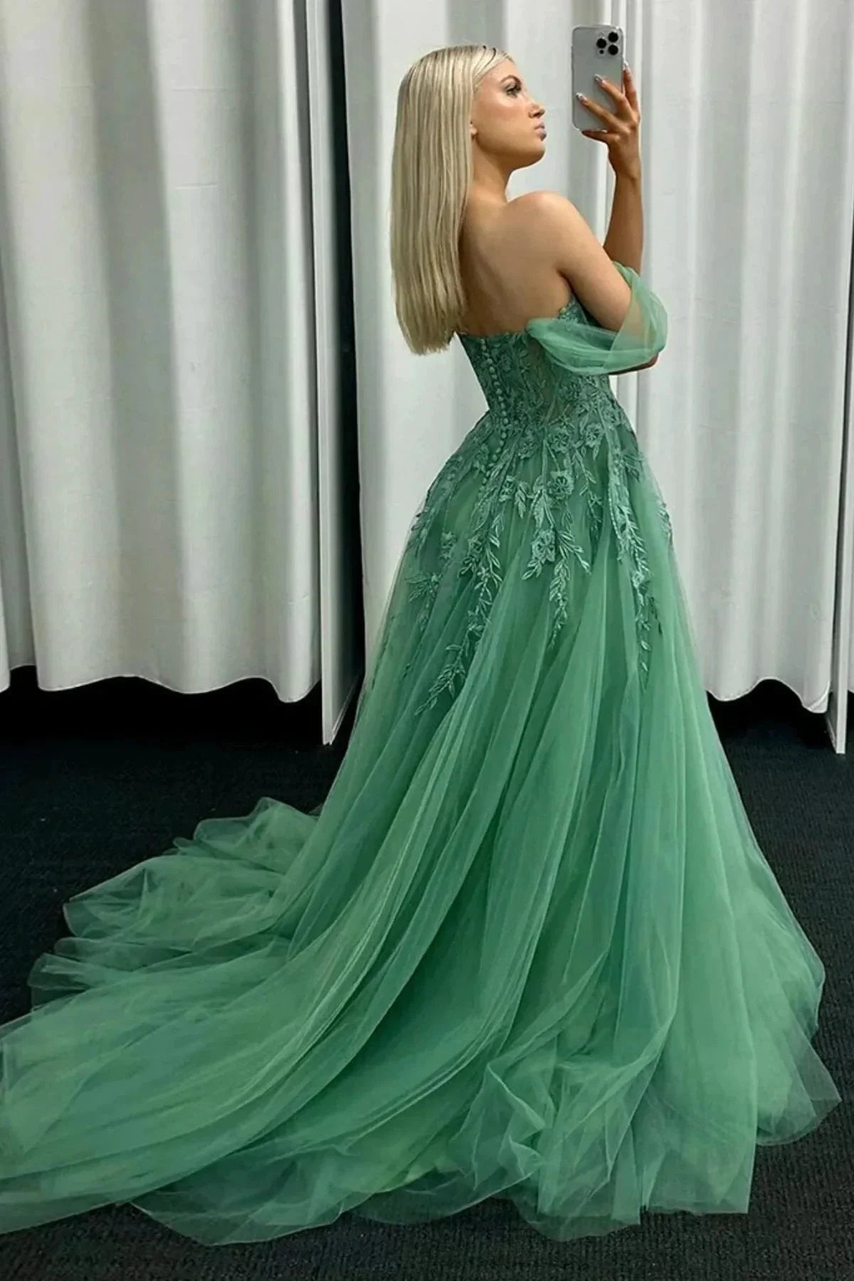 Corbin | Off the Shoulder Mint Green Tulle Lace Prom Dresses with Appliques by KissProm