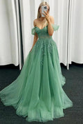 Corbin | Off the Shoulder Mint Green Tulle Lace Prom Dresses with Appliques by KissProm