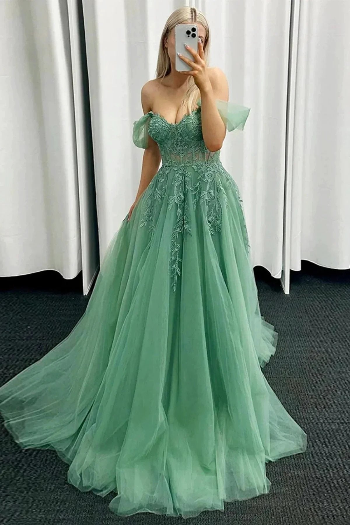Corbin | Off the Shoulder Mint Green Tulle Lace Prom Dresses with Appliques by KissProm