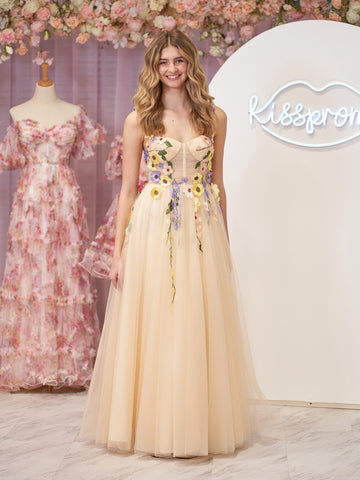Piper | Vestido de fiesta midi con corsé en forma de A y flores 3D