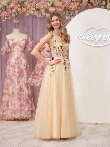 Piper | Vestido de fiesta midi con corsé en forma de A y flores 3D