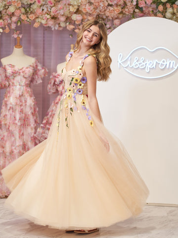 Piper | Vestido de fiesta midi con corsé en forma de A y flores 3D