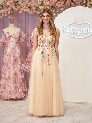Piper | Vestido de fiesta midi con corsé en forma de A y flores 3D