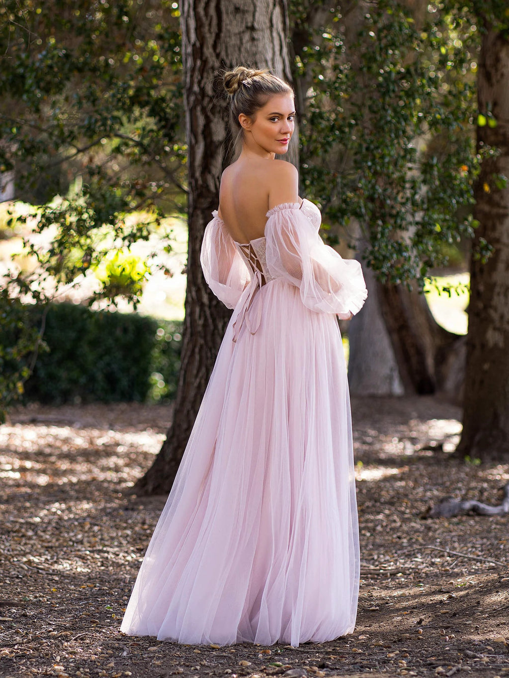 A-line Corset Off The Shoulder Floor Length Tulle Prom Dress with lace appliques by Anne of Brittany