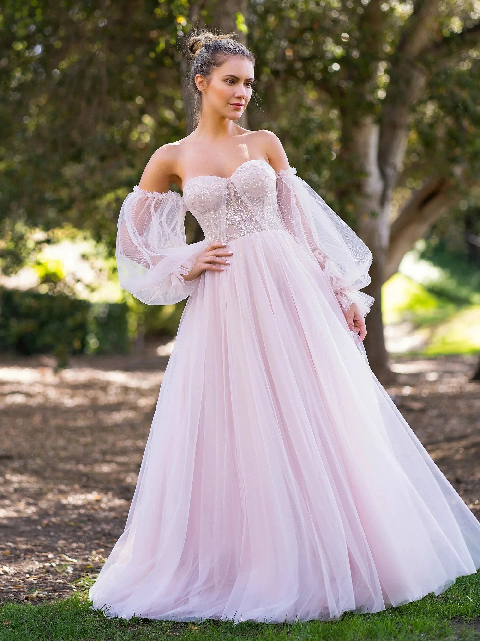 A-line Corset Off The Shoulder Floor Length Tulle Prom Dress with lace appliques by Anne of Brittany