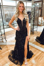 Cosmic | Black Lace Applique High Slit Criss Cross Back Mermaid Prom Dress by KissProm