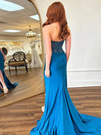Cosmo | Mermaid Scoop Neck Blue Satin Long Prom Dresses by KissProm