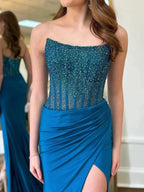 Cosmo | Mermaid Scoop Neck Blue Satin Long Prom Dresses by KissProm