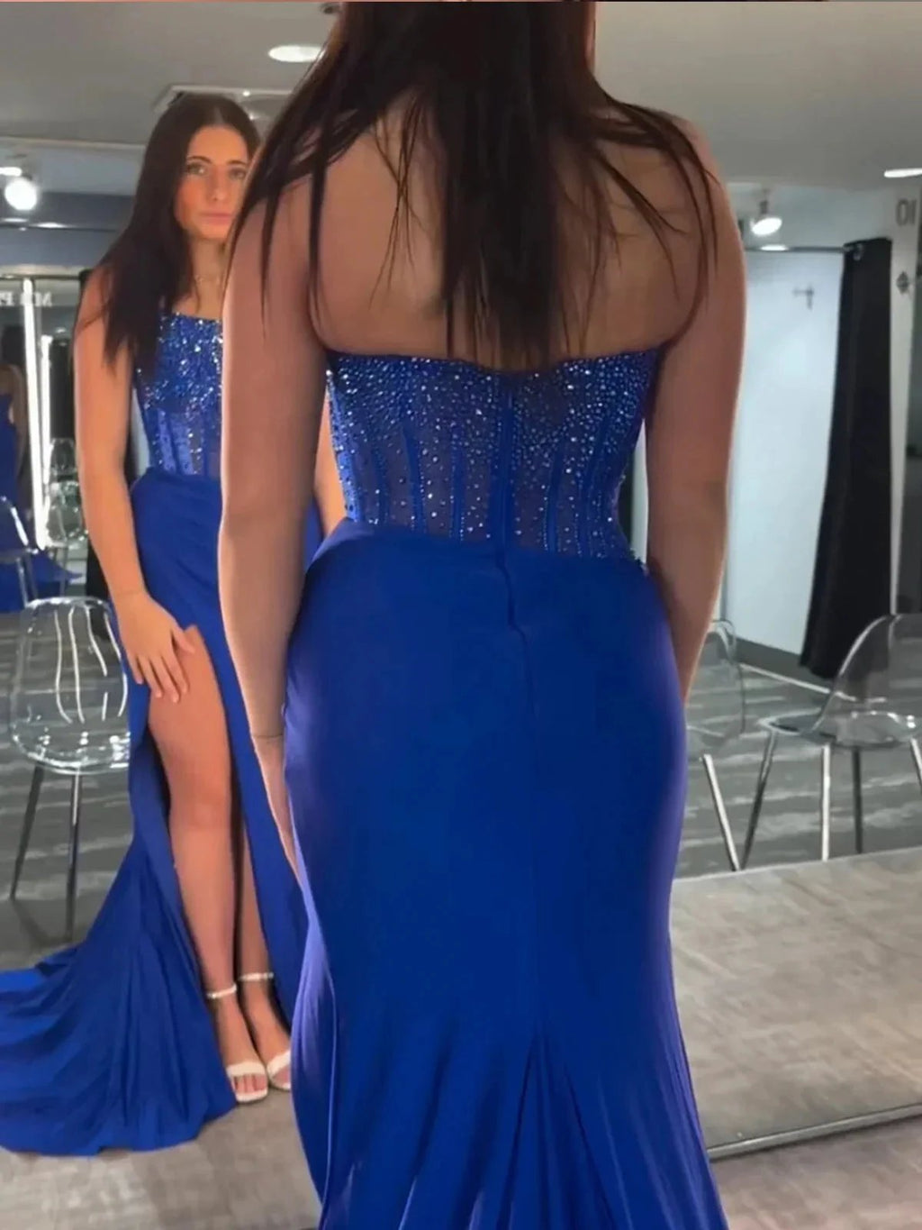 Cosmo | Mermaid Scoop Neck Blue Satin Long Prom Dresses by KissProm