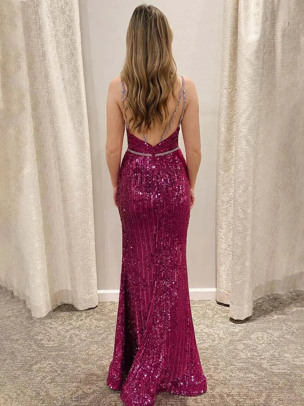Covie | Mermaid V-Neck Spaghetti Straps Sequined Long Prom Dress with Slit by KissProm