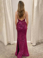 Covie | Mermaid V-Neck Spaghetti Straps Sequined Long Prom Dress with Slit by KissProm