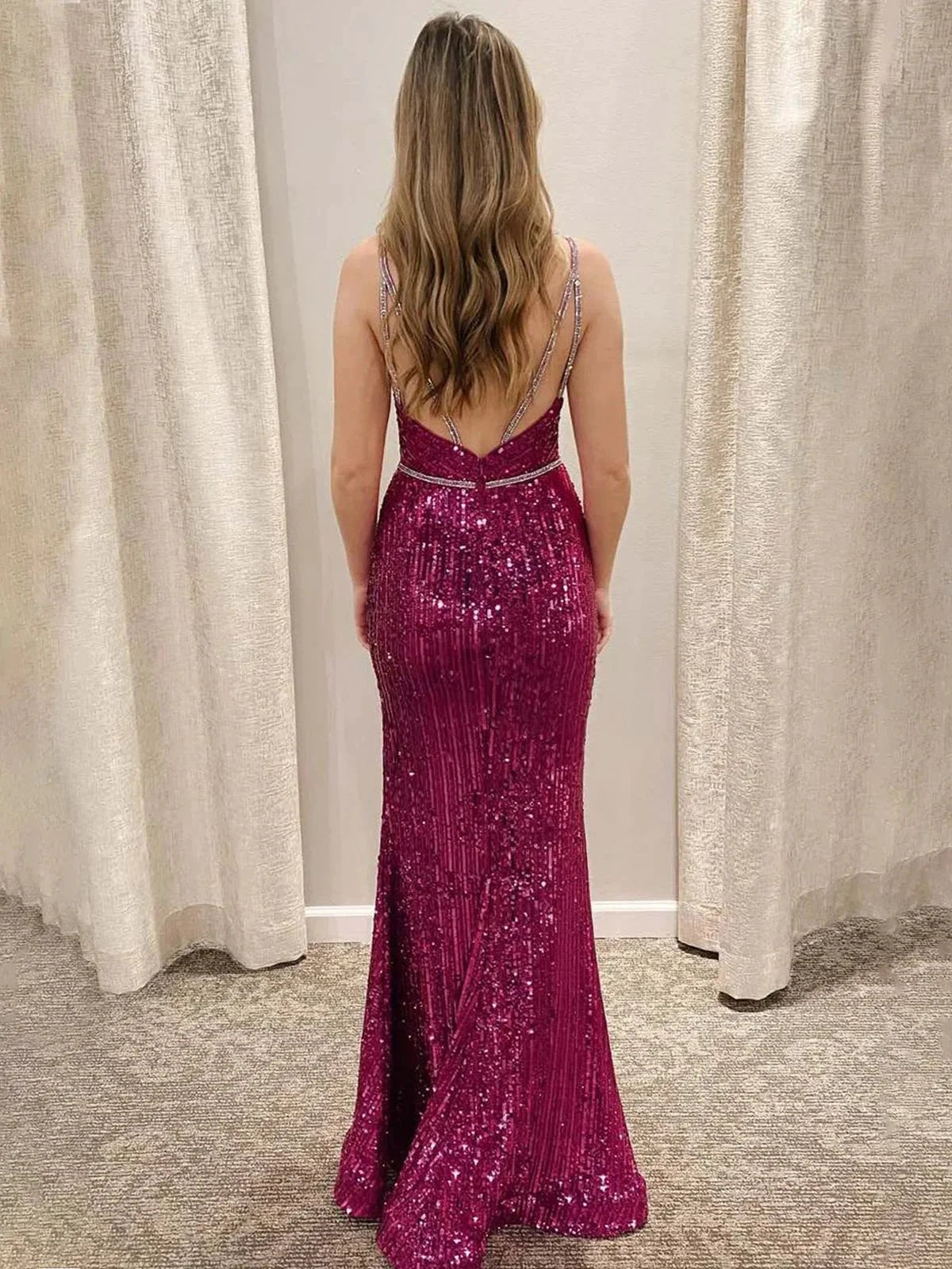Covie | Mermaid V-Neck Spaghetti Straps Sequined Long Prom Dress with Slit by KissProm