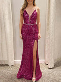 Covie | Mermaid V-Neck Spaghetti Straps Sequined Long Prom Dress with Slit by KissProm