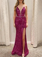 Covie | Mermaid V-Neck Spaghetti Straps Sequined Long Prom Dress with Slit by KissProm