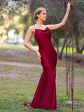 Long Spaghetti Strap Cowl Neck Burgundy Satin Mermaid Dress with Open Back by Anne of Brittany