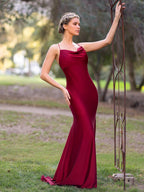 Long Spaghetti Strap Cowl Neck Burgundy Satin Mermaid Dress with Open Back by Anne of Brittany