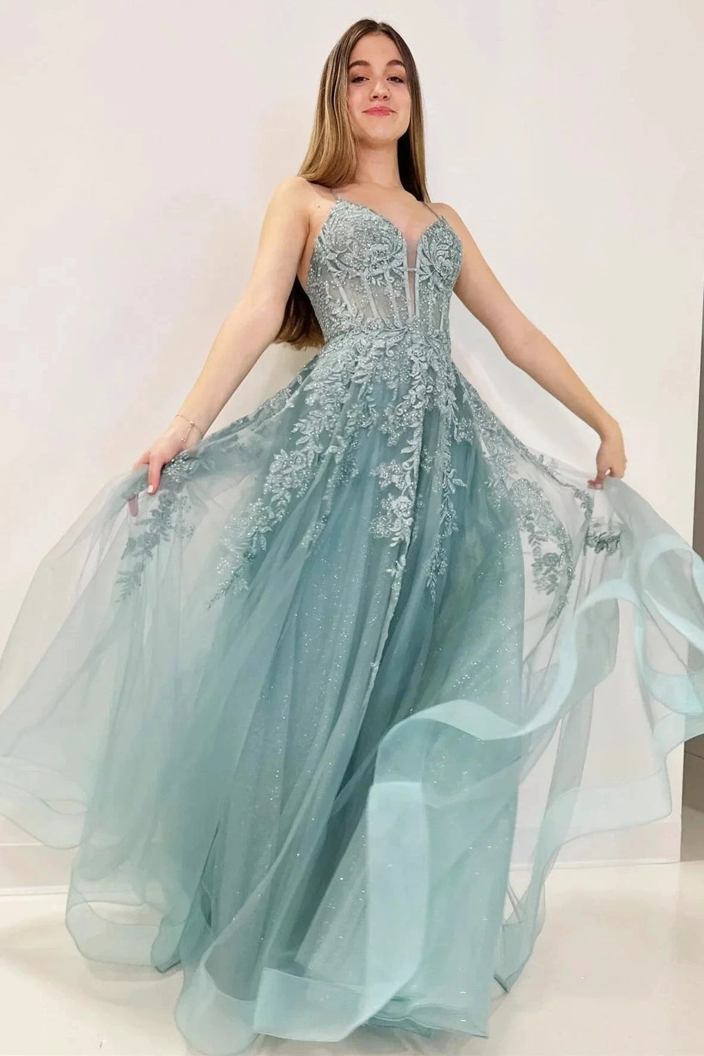 Cozy | Tulle Appliques Lace-Up A-Line Long Prom Dress by KissProm