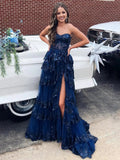 Cressie | Sweetheart Navy Blue Appliques A-line Ruffle Long Prom Dress by KissProm
