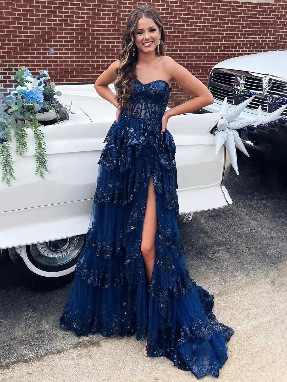 Cressie | Sweetheart Navy Blue Appliques A-line Ruffle Long Prom Dress by KissProm