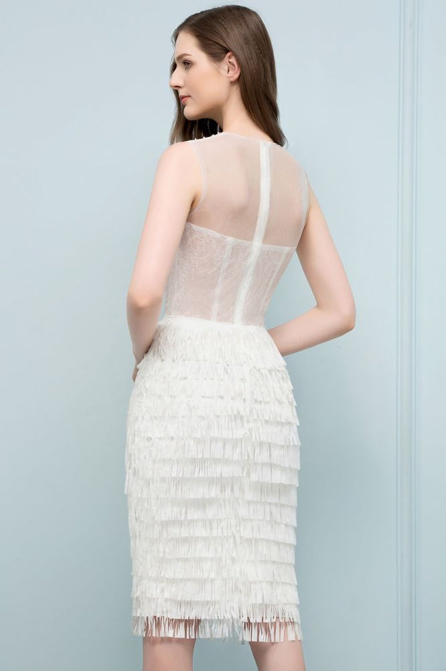 Crew Knee Length Mermaid Sleeveless Prom Dresses with Tassels Main Image