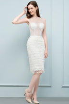 Crew Knee Length Mermaid Sleeveless Prom Dresses with Tassels