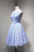 Crew Knee-Length Open Back Appliques Blue Lace Homecoming Dress PG114 by pgmdress