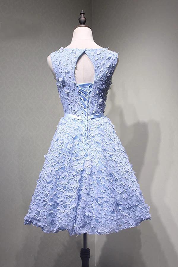 Crew Knee-Length Open Back Appliques Blue Lace Homecoming Dress PG114 by pgmdress
