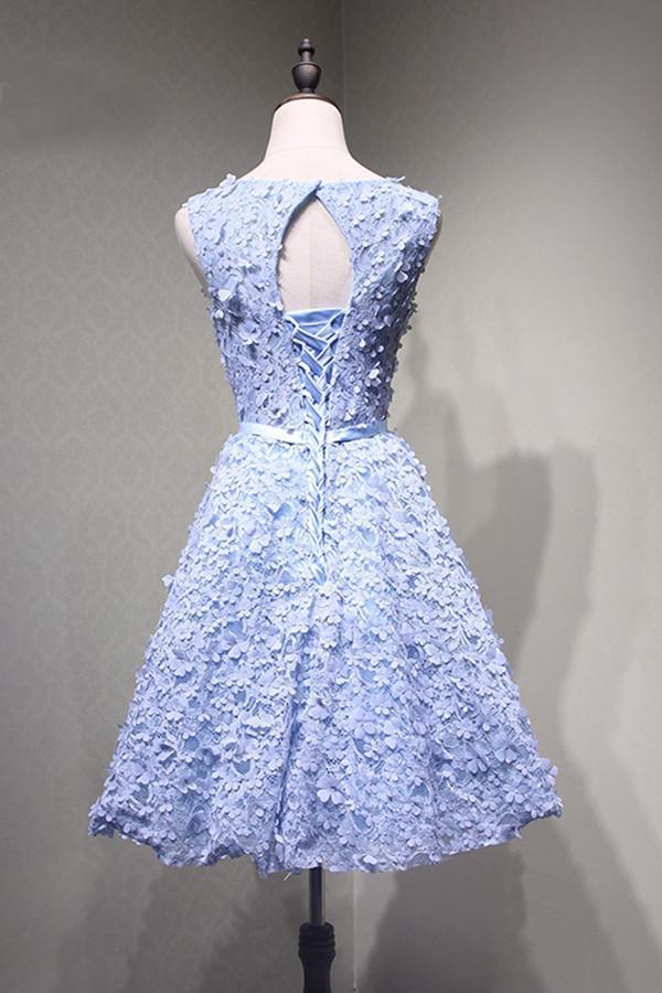 Vestido de fiesta de encaje azul con apliques y espalda descubierta, largo hasta la rodilla, PG114