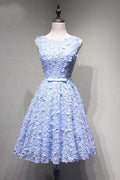 Crew Knee-Length Open Back Appliques Blue Lace Homecoming Dress PG114 by pgmdress
