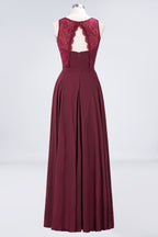 Crew Neck Floral Lace Evening Dress Floor Length Burgundy Bridesmaid Dress
