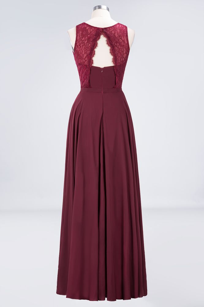Crew Neck Floral Lace Evening Dress Floor Length Burgundy Bridesmaid Dress
