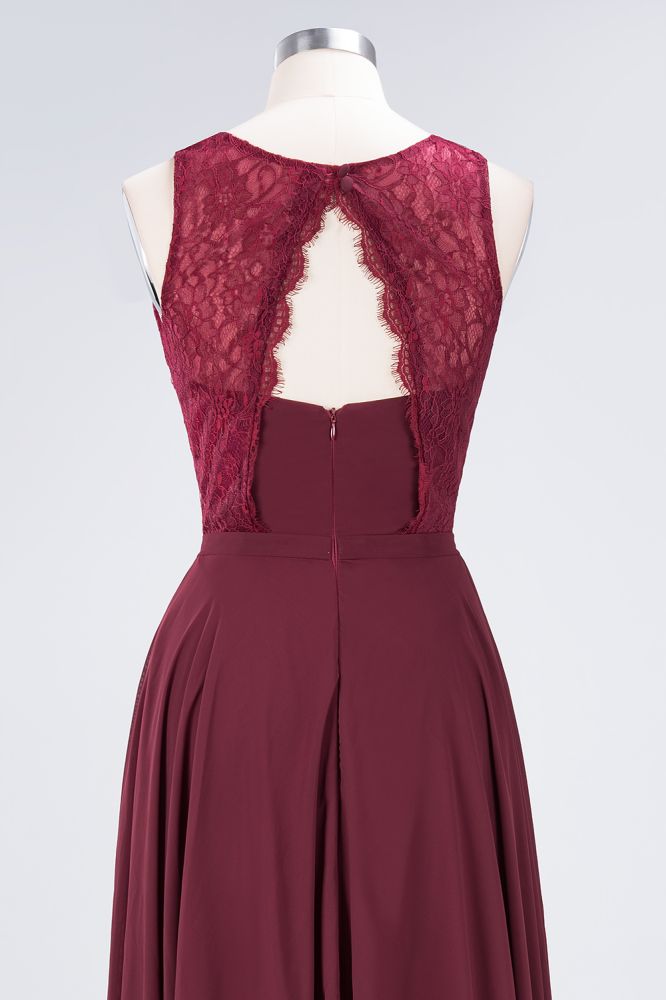 Crew Neck Floral Lace Evening Dress Floor Length Burgundy Bridesmaid Dress
