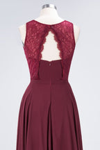 Crew Neck Floral Lace Evening Dress Floor Length Burgundy Bridesmaid Dress