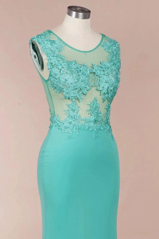 Crew Neck Lace Appliques Chiffon Mermaid Evening Maxi Dress Sleeveless Formal Dress by misshow.com