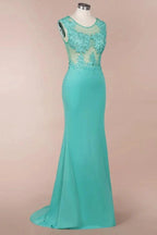 Crew Neck Lace Appliques Chiffon Mermaid Evening Maxi Dress Sleeveless Formal Dress by misshow.com