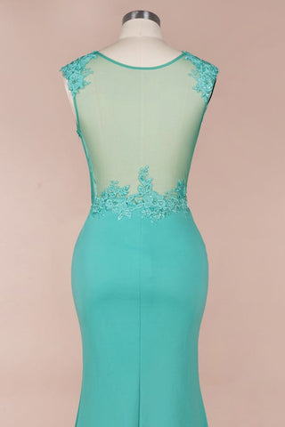 Vestido largo de noche de sirena de gasa con apliques de encaje y cuello redondo, vestido formal sin mangas