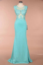Crew Neck Lace Appliques Chiffon Mermaid Evening Maxi Dress Sleeveless Formal Dress by misshow.com