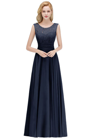 Vestido de dama de honor de gasa sin mangas con cuello redondo y encaje en la parte superior.