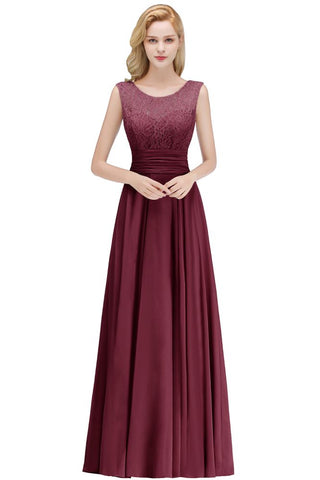 Vestido de dama de honor de gasa sin mangas con cuello redondo y encaje en la parte superior.