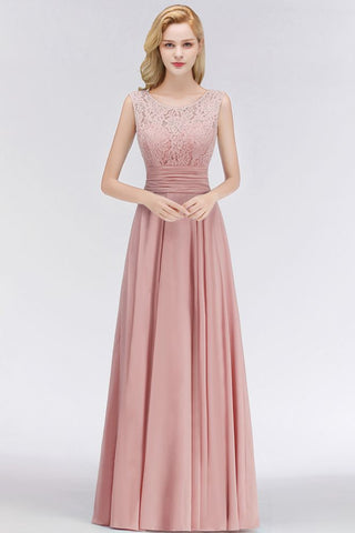 Vestido de dama de honor de gasa sin mangas con cuello redondo y encaje en la parte superior.