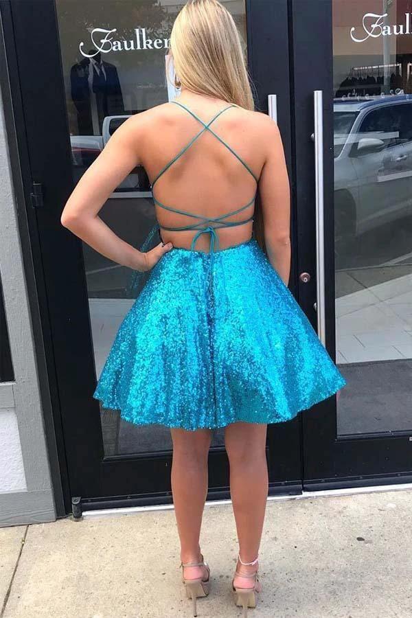 Criss Cross A-Line Short Prom Dress Blue Sequins Homecoming Dress PD334 by pgmdress