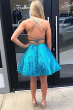 Criss Cross A-Line Short Prom Dress Blue Sequins Homecoming Dress PD334 by pgmdress