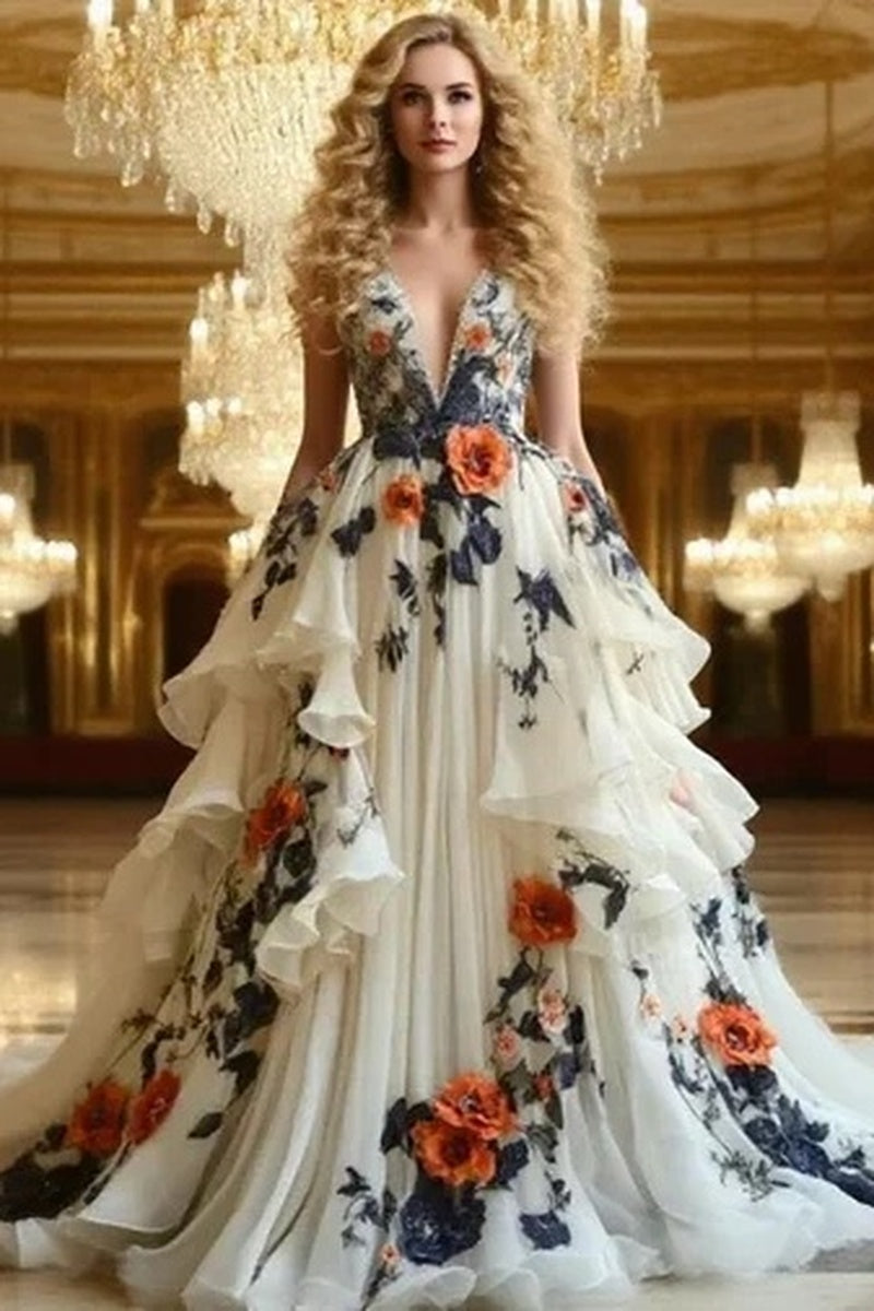 Classy Ivory Chiffon Appliques Long Prom Dress Evening Dress (ZD01141)