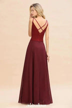 Cross Backless Floor Length Satin Evening Gowns Burgundy Bridesmaid Dress by misshow.com