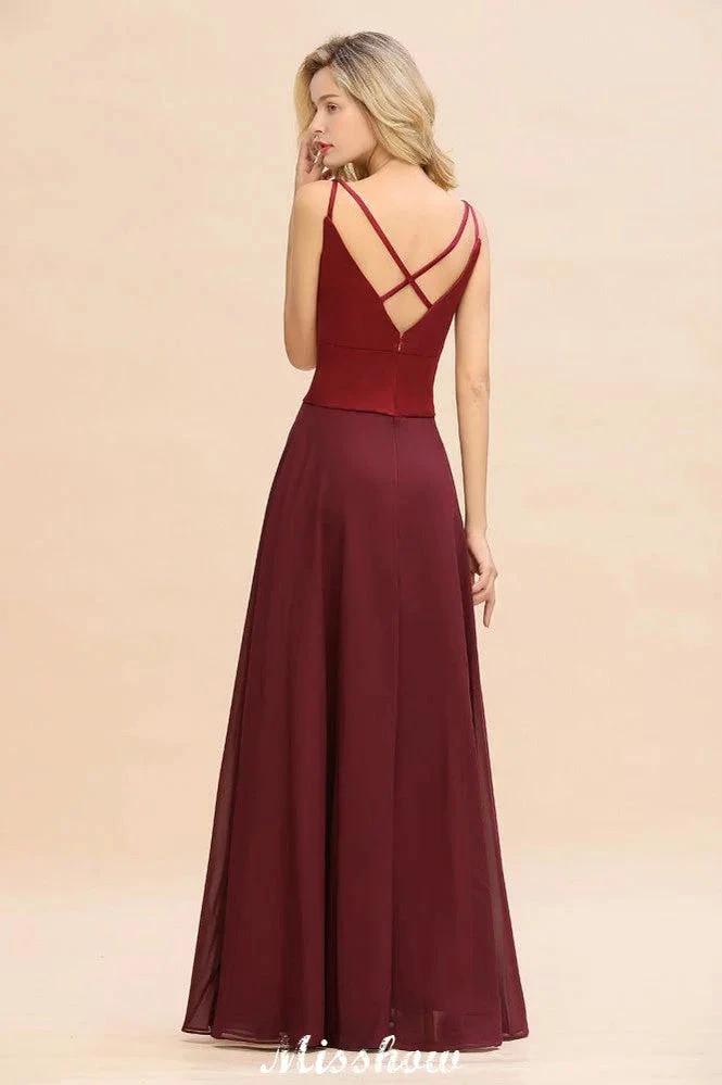 Cross Backless Floor Length Satin Evening Gowns Burgundy Bridesmaid Dress by misshow.com
