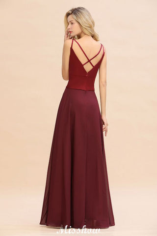 Vestido de noche de satén burdeos con espalda cruzada y largo hasta el suelo para dama de honor